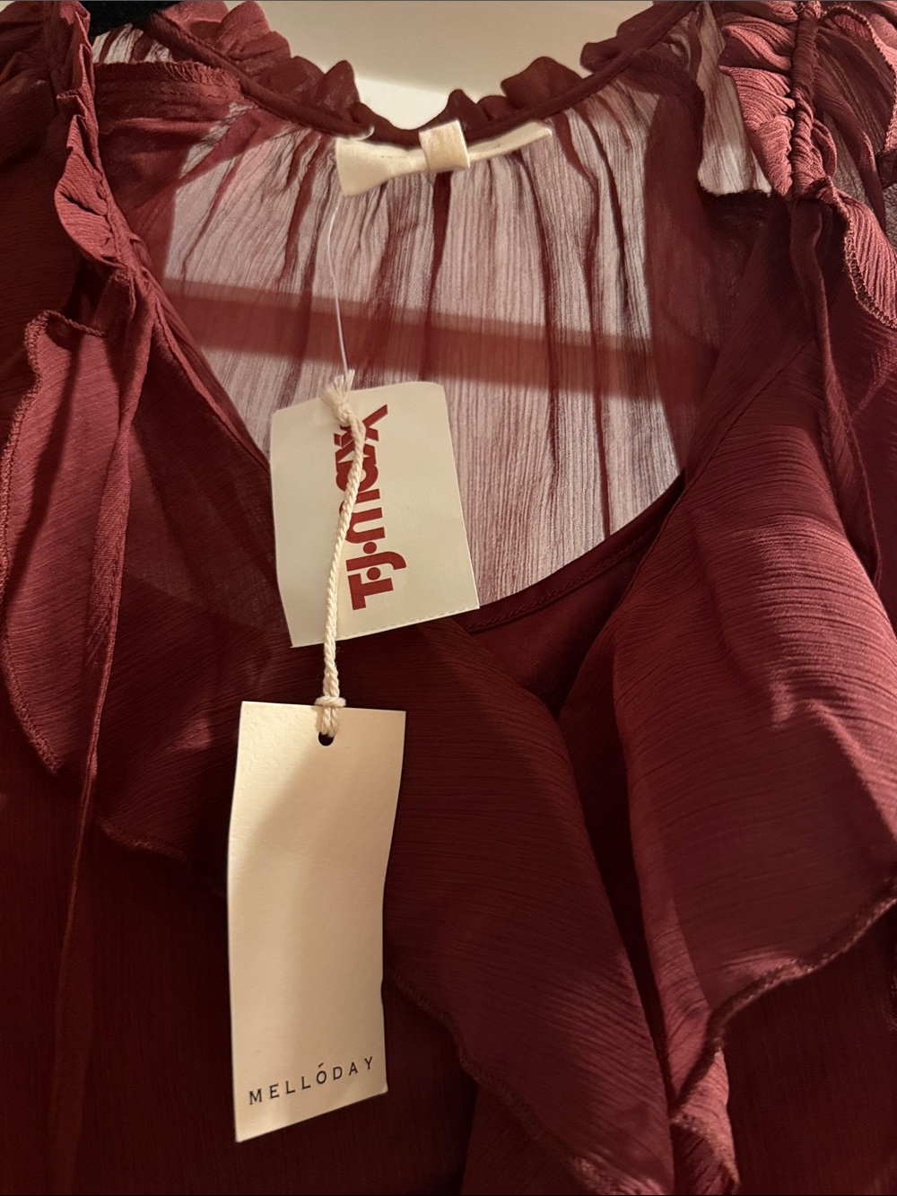 MELLODAY Burgundy Sheer Ruffle Tie-Neck Blouse NWT Size L - Picture 2 of 9